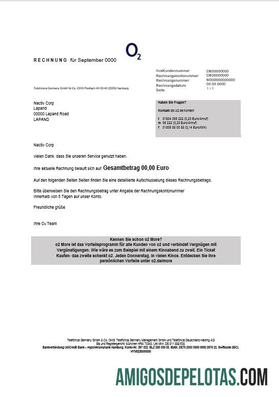 imprimível Modelo de fatura de serviços públicos comerciais RECHNUNG O2 da Alemanha em formatos Word e PDF